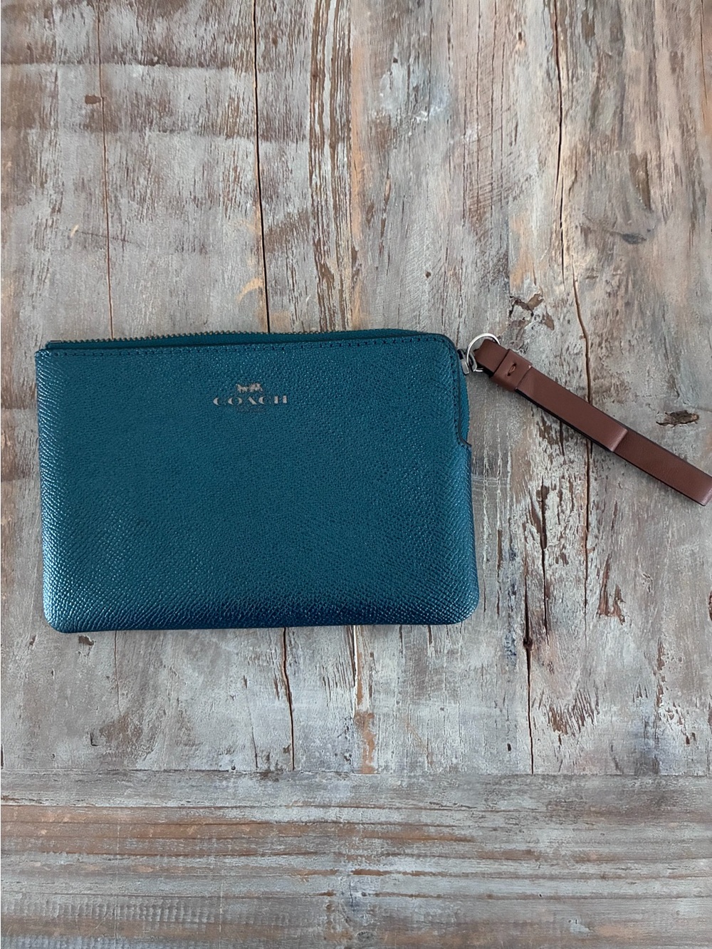 COACH Teal Zip Pouch with Brown Wrist Strap